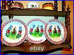 Antique French Spoungeware Set 12 Quimper Plates Bretonne Vannes 8 3/4