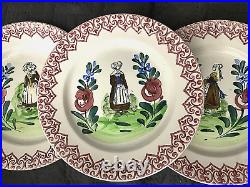 Antique French Spoungeware Set 12 Quimper Plates Bretonne Vannes 8 3/4