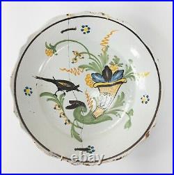 Antique French Staple Repaired Polychrome Faience Plate Bird Cornucopia