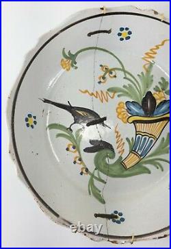 Antique French Staple Repaired Polychrome Faience Plate Bird Cornucopia