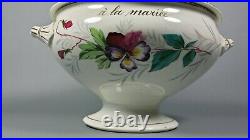 Antique French Wedding Stoneware Pottery Hand Painted Faience Tureen Gift c1900
