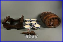 Antique French Wooden Liquor Barrel Set with 6 Quimper Faience Cups on Rack