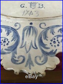 Antique French or Holland Faience Delft Blue & White Platter GB 1743 HUGE 26
