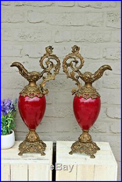 Antique French spelter Faience sang de boeuf Vases ewer pitcher