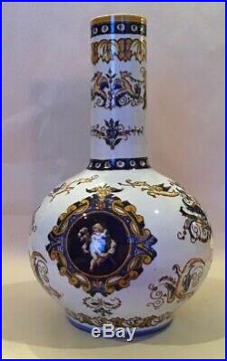 Antique Gien France Faience Rose Bottle Vase 1860's Mythical Beasts Cherubs 10