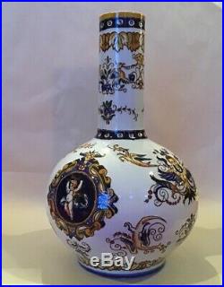 Antique Gien France Faience Rose Bottle Vase 1860's Mythical Beasts Cherubs 10