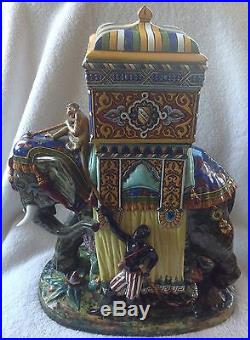 Antique Gien French Faience Majolica Pottery Elephant Blackamoor Howdah Containr