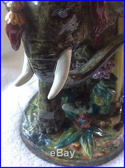 Antique Gien French Faience Majolica Pottery Elephant Blackamoor Howdah Containr