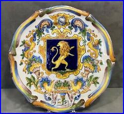 Antique HP 19th C French Faience St Clement Majolica Pair Plates Heraldic
