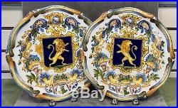 Antique HP 19th C French Faience St Clement Majolica Pair Plates Heraldic