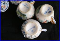Antique HR QUIMPER Faience French Pottery TRAY 6 POT DE CREME cups with lids SET