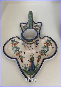 Antique HR Quimper Candle Holder, Hand Painted French Faience