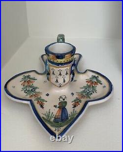 Antique HR Quimper Candle Holder, Hand Painted French Faience