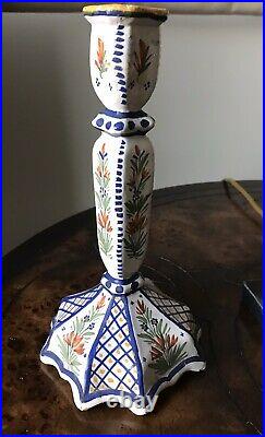 Antique HR Quimper Candlesticks French Faience
