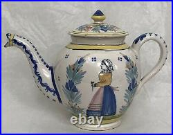 Antique HR Quimper Teapot Bretonne, Hand Painted French Faience