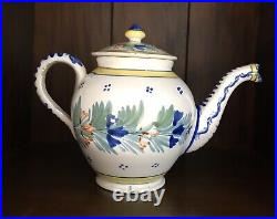 Antique HR Quimper Teapot Bretonne, Hand Painted French Faience