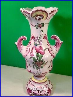 Antique Hand Painted Floral French Faience Vase 9.5 inches tall c. 1890-1920