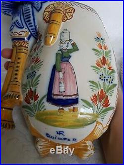 Antique Henriot QUIMPER Large Wall Pockets/Vases Bagpipe French Faience Breton
