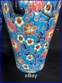 Antique Huge 16 Inch Pair Emaux De Longwy France Faience Vases 1890-1930