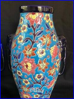 Antique Huge 16 Inch Pair Emaux De Longwy France Faience Vases 1890-1930