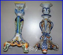 Antique Large French Faience Candlesticks Rouen & Desvres ca. 1880
