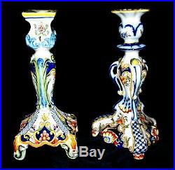 Antique Large French Faience Candlesticks Rouen & Desvres ca. 1880