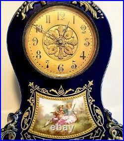 Antique Longwy French Faience Cobalt Blue Mantle Clock Porcelain Enamel Works