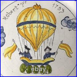 Antique Malicorne French Faience Plate Roberts 1783 Paris Manned Balloon Flight