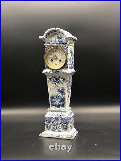 Antique Miniature French Faience Longcase ClockDelft BlueSailboats/Water Scene