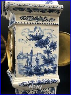 Antique Miniature French Faience Longcase ClockDelft BlueSailboats/Water Scene