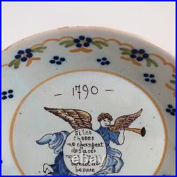 Antique Nevers faience earthenware French Revolution motto dish bowl angel