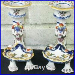 Antique Pair French Faience Dragon Candle Holders Colorful, Captivating SALE