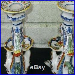 Antique Pair French Faience Dragon Candle Holders Colorful, Captivating SALE