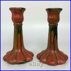 Antique Pair French Faience Majolica Red Glazed Pottery Art Nouveau Candlesticks
