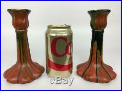 Antique Pair French Faience Majolica Red Glazed Pottery Art Nouveau Candlesticks