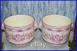 Antique Pair French Gien Faience Pink Transferware Planters Cherubs Rams Heads