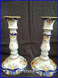 Antique Pair of French Faience Pottery Candlesticks