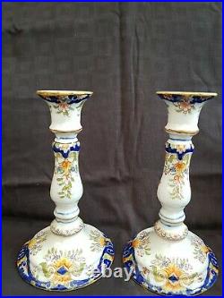 Antique Pair of French Faience Pottery Candlesticks