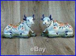Antique Pair of Recumbent Faience / Delft Cows Unknown Mark French / Dutch
