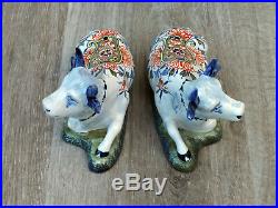 Antique Pair of Recumbent Faience / Delft Cows Unknown Mark French / Dutch
