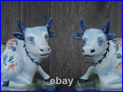 Antique Pair of Recumbent Faience / Delft Cows Unknown Mark French or Dutch