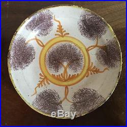 Antique Pottery Plate French Faience Tin Glaze 19th c Spongeware Delft Mochaware