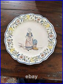 Antique Quimper 19th c HB only France Faience Plates with rare Garland Border