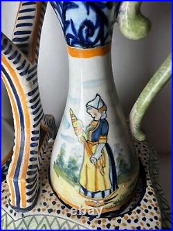 Antique Quimper Complete Oil and Vinegar Set With Stand, French Faience