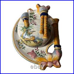 Antique Quimper French Butter/Cheese Dish With Man Playing Flutes