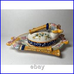 Antique Quimper French Butter/Cheese Dish With Man Playing Flutes