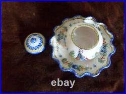 Antique Quimper Pottery, Inkwell signed HR Quimper, Hand Painted French Faience
