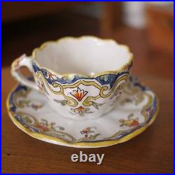 Antique Quimper Rouen French Faience Pottery Loches Floral Tea Cup with Saucer