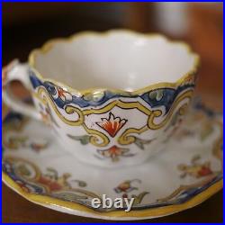 Antique Quimper Rouen French Faience Pottery Loches Floral Tea Cup with Saucer