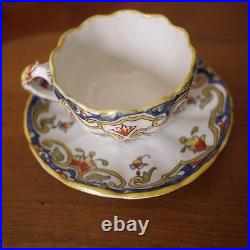 Antique Quimper Rouen French Faience Pottery Loches Floral Tea Cup with Saucer